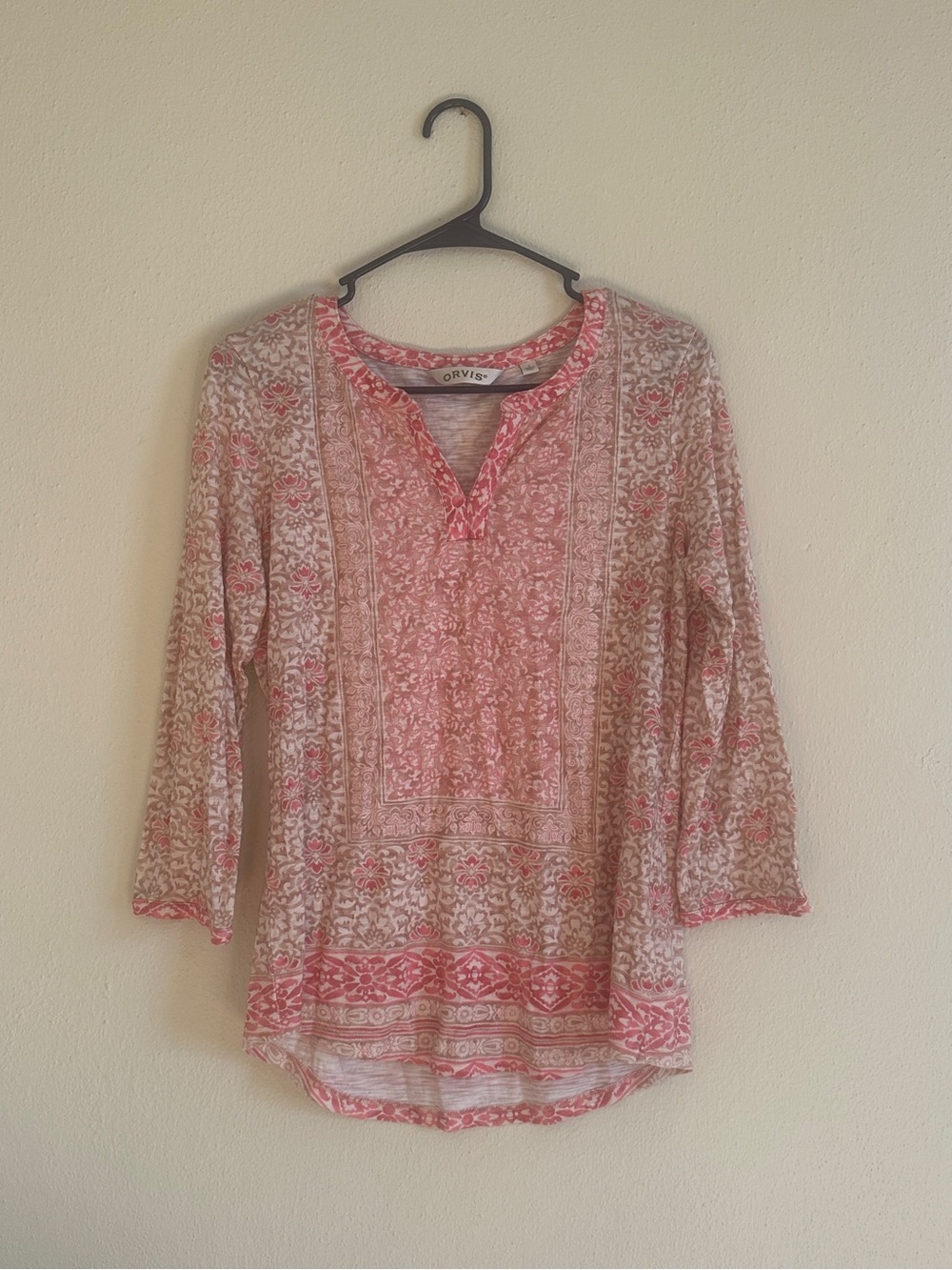 Orvis Coral Pink Printed Split-Neck Top